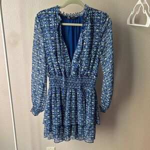 Zara Blue Printed Smocked-Waist Long Sleeve Mini Dress